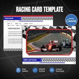 Modelo de cartão de corrida Canva, cartão de automobilismo personalizado faça você mesmo, crie seu próprio cartão esportivo personalizável, presentes de equipe escolar para impressão