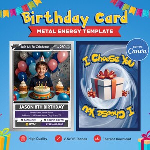 Birthday Invitation Card Template, Pokeman Metal Themed Custom Card, Customizable Trading Card Canva Template, Personalized DIY Pokemone Tcg
