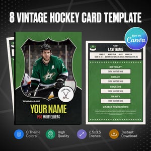 Modelo de cartão de hóquei vintage Canva, crie seu próprio cartão esportivo personalizável, cartão esportivo personalizado DIY, presentes de equipe escolar para impressão
