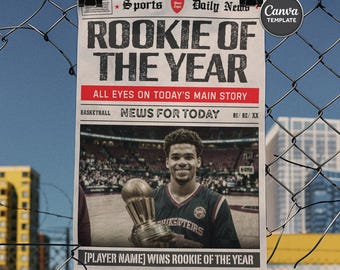 Rookie of the Year Newspaper Poster Canva Template, Basketball A3 Award Print, Custom Player Gift, Vintage Sport Wall Art, Instant Download