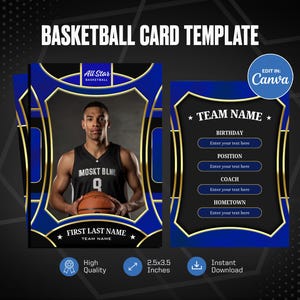 Plantilla de tarjeta de baloncesto de Canva, crea tu propia tarjeta deportiva personalizable, tarjeta deportiva personalizada para hacer tú mismo, obsequios para equipos escolares imprimibles