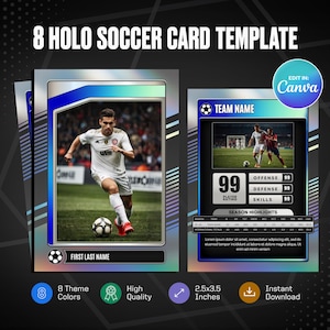 Plantilla de Canva para tarjetas coleccionables de fútbol holográfico: crea tu propia tarjeta deportiva personalizable, tarjeta deportiva personalizada DIY, regalos imprimibles para equipos escolares.