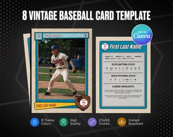 Plantilla de Canva para tarjeta de béisbol vintage: crea tu propia tarjeta deportiva personalizable, tarjeta deportiva personalizada DIY, regalos imprimibles para equipos escolares.