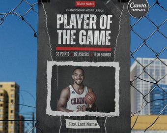 Basketball Player of the Game Poster Template, Editable Canva Sports Award Printable, MVP Celebration Wall Art, Vintage Newspaper Style