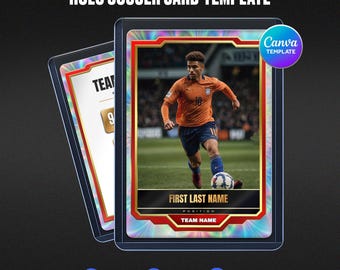 Custom Holo Soccer Card Canva, Cosmic Blue Shard Volcanic Sapphire, Red Gold Stats Rating Back, Personalized Athlete Gift, Instant Download