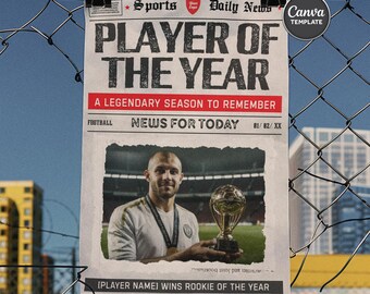 Soccer Football Newspaper Poster Canva, Player of the Year A3 Award Print, Vintage Style, Custom Player Wall Art Gift, Instant Download