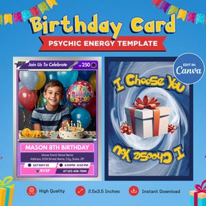 Birthday Invitation Card Template, Pokeman Psychic Themed Custom Card, Customizable Trading Card Canva, Personalized DIY Pokemone Tcg