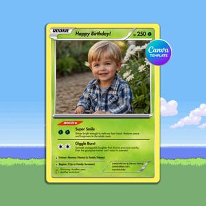 Modello di biglietto da collezione per compleanno con simpatico mostro, regalo per neonati e bambini stampabile, biglietto TCG Canva modificabile per mamme e famiglie, biglietto da principiante