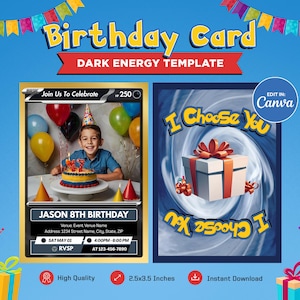 Birthday Invitation Card Template, Pokeman Dark Themed Custom Card, Customizable Trading Card Canva Template, Personalized DIY Pokemone Tcg