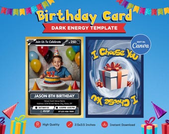 Birthday Invitation Card Template, Pokeman Dark Themed Custom Card, Customizable Trading Card Canva Template, Personalized DIY Pokemone Tcg