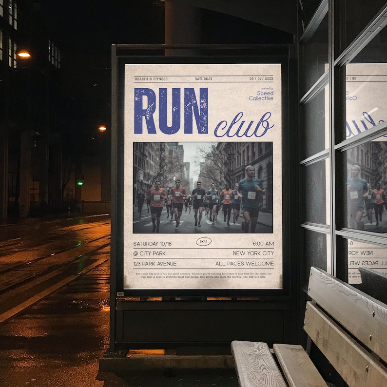May include: A poster for a running club, featuring the words "RUN club" in blue. The poster includes a photo of runners in a city, with details for a run in New York City.