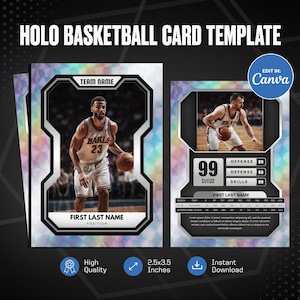Plantilla Canva de tarjeta de baloncesto Holo, cree su propia tarjeta deportiva personalizable, tarjeta deportiva DIY personalizada, regalos del equipo escolar imprimibles