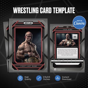 Wrestling Trading Card canvassjabloon, maak je eigen aanpasbare sportkaart, gepersonaliseerde doe-het-sportkaart, afdrukbare cadeaus schoolteam