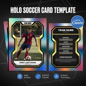 Modèle sur toile de carte à collectionner Holo Soccer, créez votre propre carte de sport personnalisable, carte de sport bricolage personnalisée, cadeaux imprimables pour l'équipe scolaire