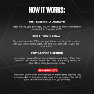 May include: A black and gray graphic with the text "HOW IT WORKS:" and instructions for downloading, opening in Canva, and exporting designs. Includes a "REFUND POLICY" statement regarding digital items.