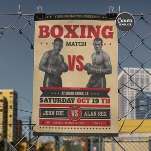 May include: A vintage-style boxing match poster with two boxers facing each other. The poster features the text "BOXING MATCH" in large red letters, along with the names "JOHN DOE" and "ALAN REX". The event is scheduled for Saturday, October 19th, at Grand Arena, LA.