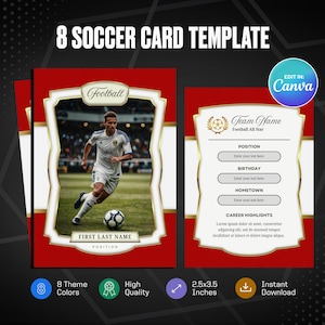 Modello di carta da gioco di calcio Canva, crea la tua carta sportiva personalizzabile, carta sportiva fai da te personalizzata, regali stampabili per la squadra scolastica