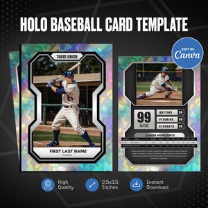 Modello Canva per carta da baseball olografica, crea la tua carta sportiva personalizzabile, carta sportiva fai da te personalizzata, regali stampabili per la squadra scolastica