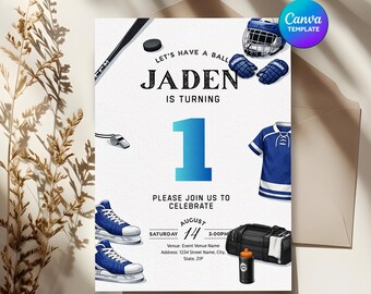 Kids Hockey Birthday Canva Invitation, Custom Editable Ice Sport Party Template, Boys Celebration Card, Party Printable, Instant Download