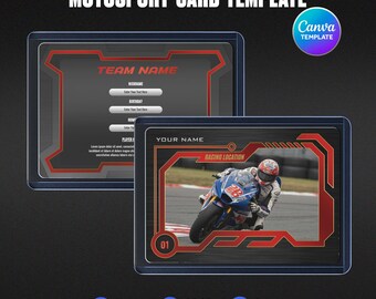 Motorbike Racing Collectible Trading Card, Red Tech Circuit Frame, Custom Rider Name Canva Template, Personalized Racing Sport Gift