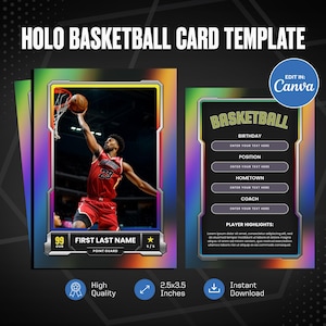 Plantilla de tarjeta de baloncesto holográfica Canva, crea tu propia tarjeta deportiva personalizable, tarjeta deportiva personalizada para hacer tú mismo, obsequios para equipos escolares imprimibles