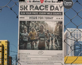 Newspaper Run Club Poster A3 Canva Template, Editable Running Event Flyer, 5K 10K Marathon Printable Wall Art