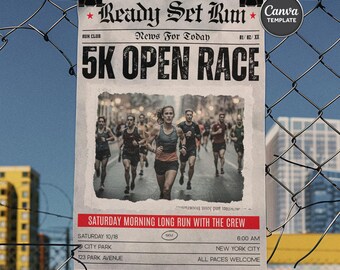 Vintage Run Club Poster A3 Canva Template, Race Flyer, Newspaper Style Running Event, Marathon Fun Run Editable Design, Fitness, Trail Run