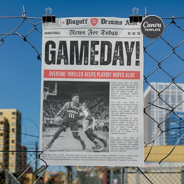 Basketball Gameday Newspaper Style A3 Poster Canva Template, Editable Sports Flyer, Custom Wall Art and Team Poster for Players and Fans