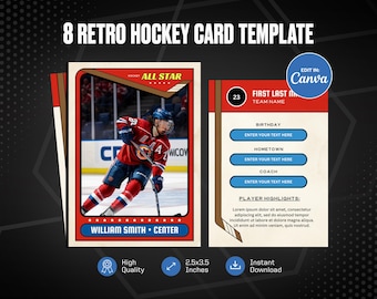May include: A retro hockey card template with a red, white, and blue color scheme. The template features a hockey player in a red and white jersey with a blue helmet. The template includes space for the player's name, team name, birthday, hometown, coach, and player highlights. The template is 2.5 inches by 3.5 inches and can be edited in Canva.