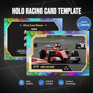 May include: A racing card template with a Formula 1 car on a track. The card has a black background with gold accents and the text "HOLO RACING CARD TEMPLATE". The card measures 2.5 x 3.5 inches and is editable in Canva.