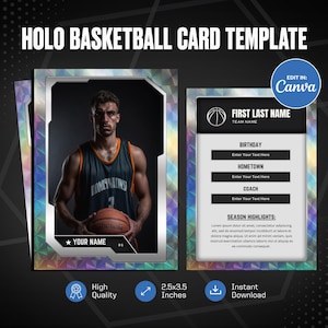 Holo Basketball Karte Canva Vorlage, erstellen Sie Ihre eigene anpassbare Sportkarte, personalisierte DIY Sportkarte, druckbare Schulteam Geschenke