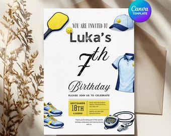 Custom Pickleball Birthday Canva Invitation, Editable Kids Party Invite Paddle Sport Celebration Card Template, Instant Download Party Print
