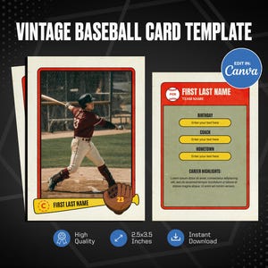 Modelo de cartão de beisebol vintage Canva, crie seu próprio cartão esportivo personalizável, cartão esportivo personalizado faça você mesmo, presentes para times escolares para imprimir