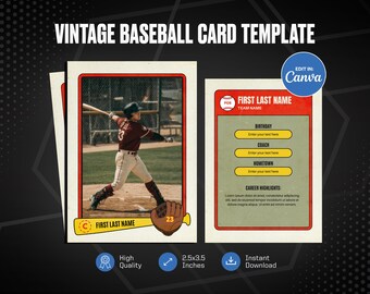 Plantilla de Canva para tarjeta de béisbol vintage: crea tu propia tarjeta deportiva personalizable, tarjeta deportiva personalizada DIY, regalos imprimibles para equipos escolares.