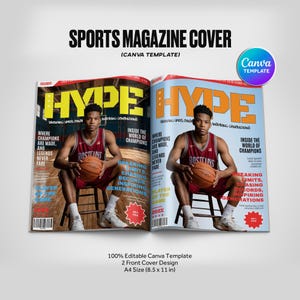 May include: A sports magazine cover template with the word "HYPE" in large letters. The magazine features a basketball player holding a ball. The text includes "Breaking Limits, Chasing Records, Inspiring Generations."