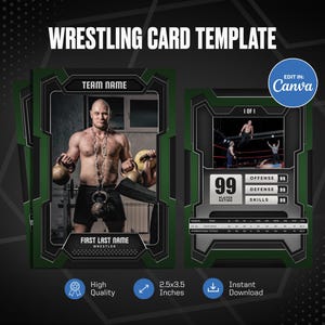 Modelo de canva para cartão colecionável de luta livre, crie seu próprio cartão esportivo personalizável, cartão esportivo DIY personalizado, presentes para equipe escolar imprimíveis