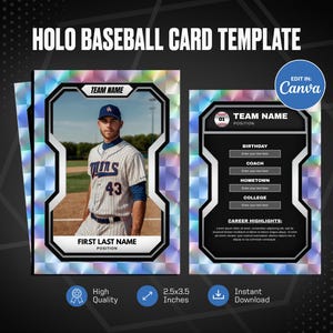 Modelo de cartão de beisebol Holo Canva, crie seu próprio cartão esportivo personalizável, cartão esportivo personalizado faça você mesmo, presentes para times escolares para imprimir