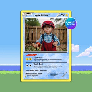 Modello di biglietto da collezione per compleanno con simpatico mostro, regalo per neonati e bambini stampabile, biglietto TCG Canva modificabile per mamme e famiglie, biglietto da principiante