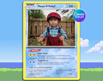 Plantilla de tarjeta coleccionable de cumpleaños con diseño de monstruo adorable, regalo imprimible para bebés y niños, tarjeta TCG editable en Canva para mamás y familias, tarjeta para principiantes