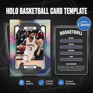 Holo Basketball Karte Canva Vorlage, erstellen Sie Ihre eigene anpassbare Sportkarte, personalisierte DIY Sportkarte, druckbare Schulteam Geschenke