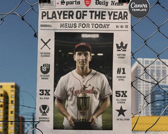 Baseball Player of the Year Newspaper Poster Canva Template, Stats Icon A3 Award Print Custom Player Gift, Vintage Wall Art Instant Download