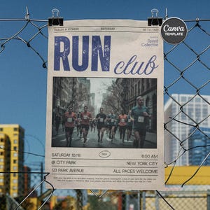 May include: A poster for a running club, held in New York City, is clipped to a chain-link fence. The poster features the words "RUN club" in blue, with a photo of runners. The date is Saturday, October 18.