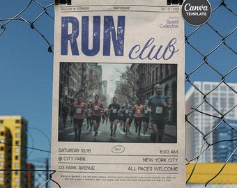 Run Club Poster Template A3, Editable Canva Newspaper Flyer, Marathon Event Wall Art Printable