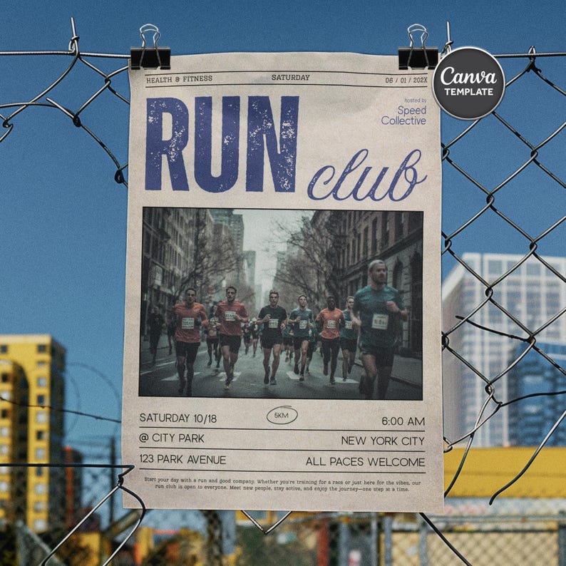 May include: A poster for a running club, held in New York City, is clipped to a chain-link fence. The poster features the words "RUN club" in blue, with a photo of runners. The date is Saturday, October 18.