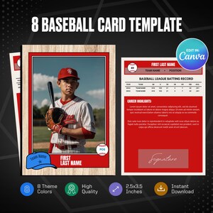 Plantilla de tarjeta de béisbol de Canva: crea tu propia tarjeta deportiva personalizable, tarjeta deportiva personalizada DIY, regalos imprimibles para equipos escolares.