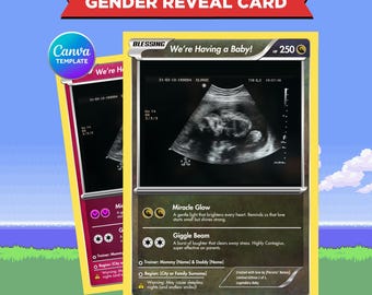 Baby Gender Reveal Trading Card Template, Cute Monster Theme Ultrasound Card, Digital Pregnancy Announcement for Moms, Tcg Canva Editable