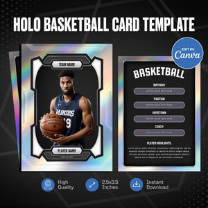 Plantilla Canva de tarjeta de baloncesto Holo, cree su propia tarjeta deportiva personalizable, tarjeta deportiva DIY personalizada, regalos del equipo escolar imprimibles