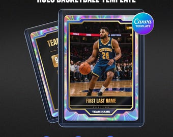 Custom Holo Basketball Card Canva Template, Cosmic Blue Shard Volcanic Sapphire Theme, Gold Stats Back, Personalized Athlete Collectible