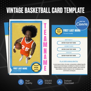 Modèle de toile de carte de basket-ball vintage, créez votre propre carte de sport personnalisable, carte de sport bricolage personnalisée, cadeaux d'équipe scolaire imprimables
