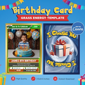 Birthday Invitation Card Template, Pokeman Grass Themed Custom Card, Customizable Trading Card Canva Template, Personalized DIY Pokemone Tcg